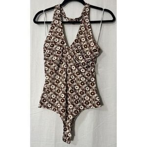 Le Lis Collection Thong Bodysuit Boho Checkered Daisy‎ Print Women's Medium New